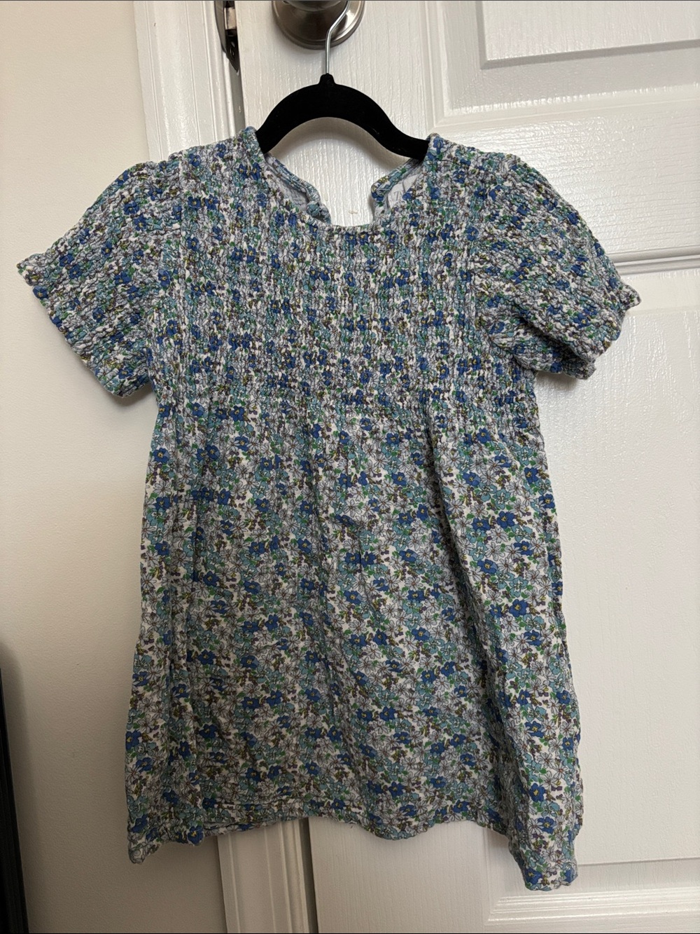 Zara Blue Floral Smocked Short-Sleeve Dress